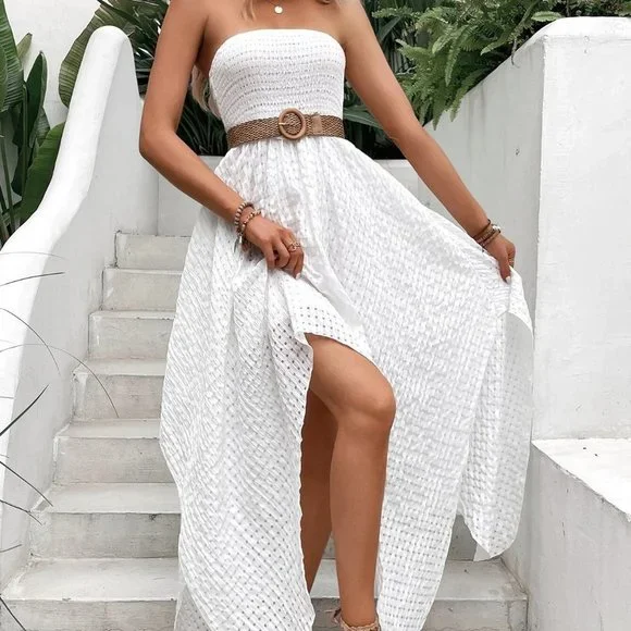 White Womens Plaid Knot Front Asymmetrical Hem Tube Dress - Picture 2 of 5